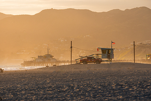 Santa Monica USA. A lifeguard tower at sunset