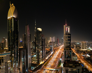 High view point of Sheikh Zayed road in rush hour Dubai at night
