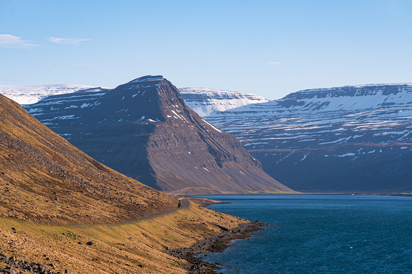 Road in the high arctic nature of Iceland Westfjords. High mountains and glacier Print