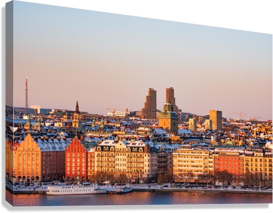 Sunset over Kungsholmen Stockholm Sweden with historic colorful buildings and Norra tornen. Canvas Print