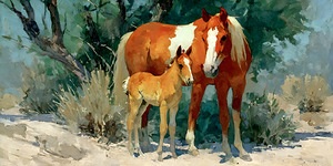 Desert Companions – Mare and Foal Western Print by Savage Art Prints