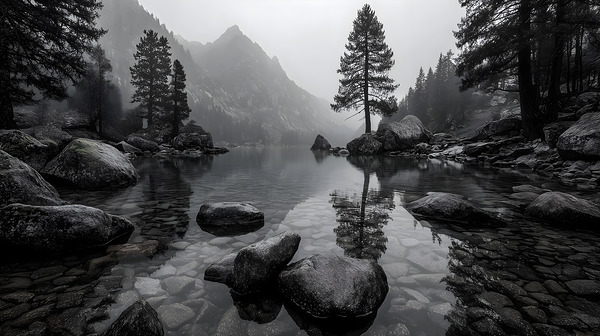 Still Water And Stones - Monochrome Landscape Art Prints by Savage Art Prints
