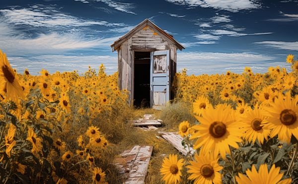 Shed - Sunflower Field Cottage Art Prints by Savage Art Prints