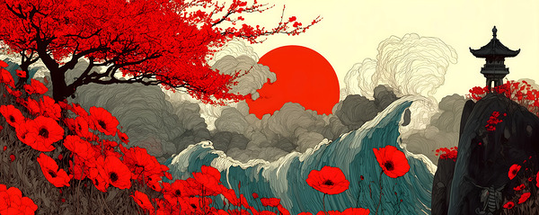 Sakura To Taiyo 桜と太陽 - Cherry Blossoms And Sun - Japanese Floral Art Prints by Savage Art Prints