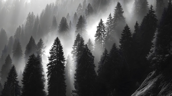 Misty Pine Hillside - Monochrome Landscape Art Prints by Savage Art Prints