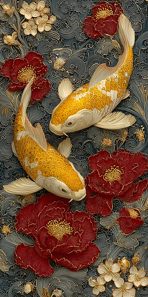 Seinaru Kin No Takara 聖なる金の宝 - Sacred Golden Treasure - Koi Pond Art Prints by Savage Art Prints
