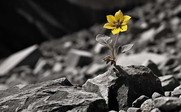 Resilient Heart – Yellow Flower Among Stones Print by Savage Art Prints