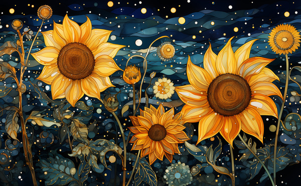 Starry Night Sunflowers – Van Gogh-Inspired Floral Art Print Print