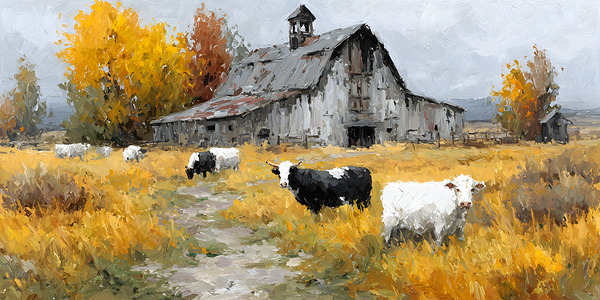 Autumn Barn with Grazing Cows – Farmhouse Landscape Art Print Print
