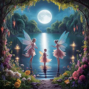 moonlit fairy lake mystical atmosphere glowing fu