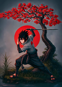 Anime Samurai Warrior – Cherry Blossom & Red Sun Art Print