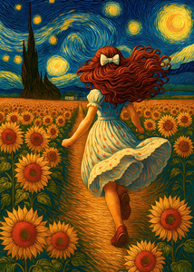 Van Gogh Style Sunflower Field Girl – Starry Night Swirls Art Prin