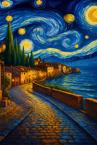 Starry Night Coastal Village – Van Gogh Style Mediterranean Wall Art Print