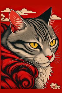 Regal Tabby Cat – Japanese Red Ukiyo-e Art Print