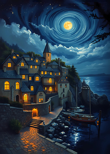 Moonlit Harbor Village – Fantasy Night Scene with Swirling Sky Wall Art Prin 
