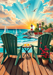 Coastal beach with sailboats and lighthouses
