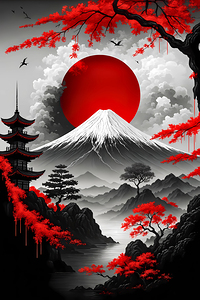 Japanese Mountain Pagoda – Red Sun & Maple Art Print