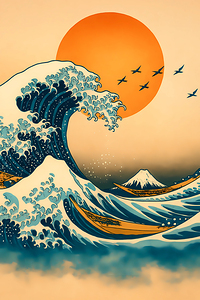 Great Wave Rising Sun – Japanese Minimalist Ocean Art Print
