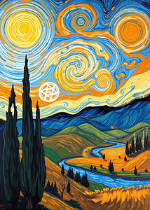 Van Gogh Style River Landscape – Swirling Sky Cypress Trees Wall Art Print