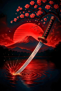 Samurai Katana & Mount Fuji – Red Moon Cherry Blossom Art Print