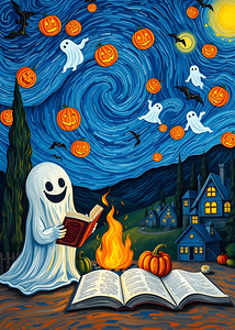 Halloween Starry Night Ghost – Spooky Swirl Sky Wall Art Print