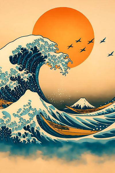 Great Wave Rising Sun – Japanese Minimalist Ocean Art Print by Signora