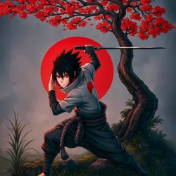 Anime Samurai Warrior – Cherry Blossom & Red Sun Art Print