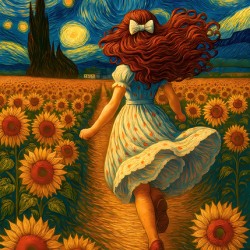 Van Gogh Style Sunflower Field Girl – Starry Night Swirls Art Prin