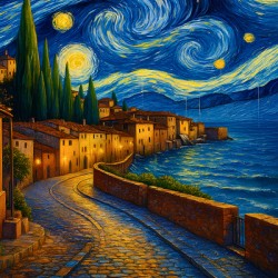 Starry Night Coastal Village – Van Gogh Style Mediterranean Wall Art Print