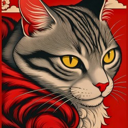 Regal Tabby Cat – Japanese Red Ukiyo-e Art Print