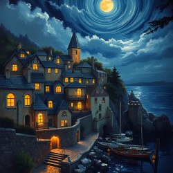 Moonlit Harbor Village – Fantasy Night Scene with Swirling Sky Wall Art Prin 