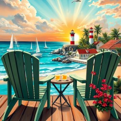 Coastal beach with sailboats and lighthouses