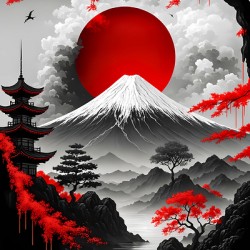 Japanese Mountain Pagoda – Red Sun & Maple Art Print