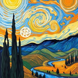 Van Gogh Style River Landscape – Swirling Sky Cypress Trees Wall Art Print