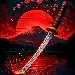 Samurai Katana & Mount Fuji – Red Moon Cherry Blossom Art Print