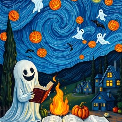 Halloween Starry Night Ghost – Spooky Swirl Sky Wall Art Print