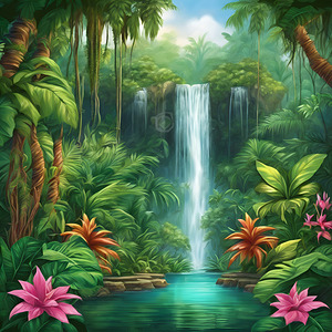 Enchanting waterfall in a lush jungle