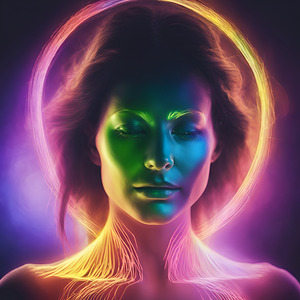 Rainbow like glow emanating from a woman’s face