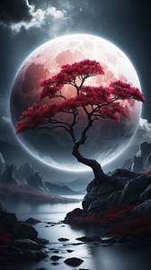 the ethereal beauty of a mystical landscape under the red moonligh