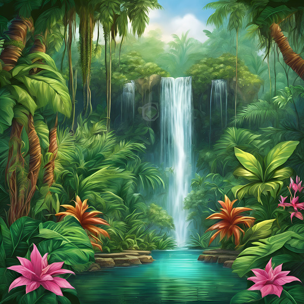 Enchanting waterfall in a lush jungle Print