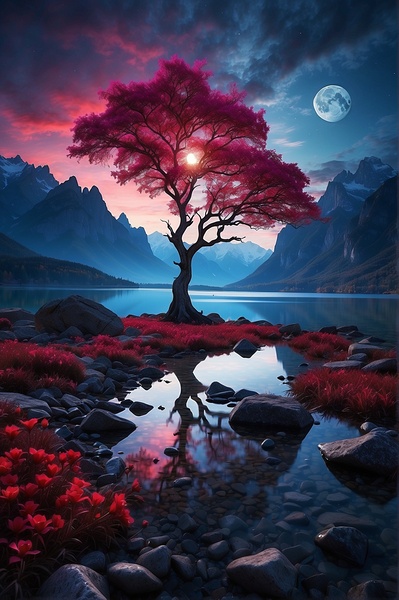 the ethereal beauty of a mystical landscape under the red moonlight Print