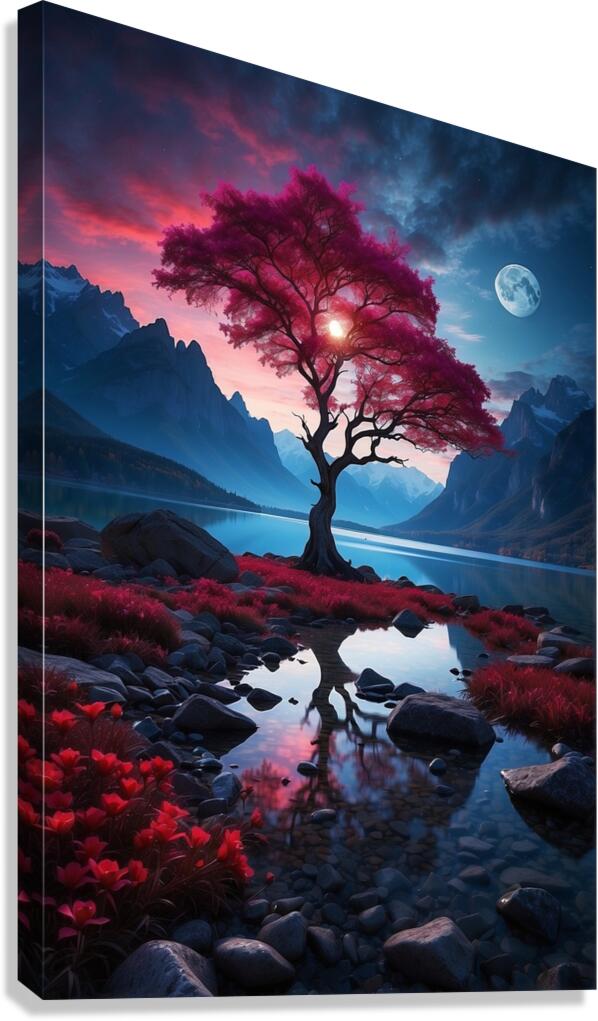 the ethereal beauty of a mystical landscape under the red moonlight Canvas Print