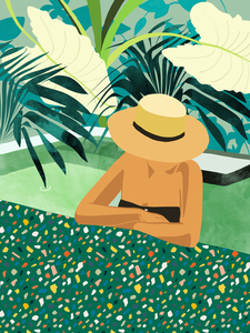 Chill Modern Bohemian Black Woman Travel Illustration | Terrazzo Tropical Swimming Pool Fashion