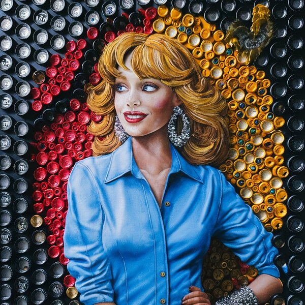 Bottle Cap Art: A Golden-Haired Woman in Detailed Mosaic by MossArt