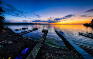 Docks on Cayuga Lake at sunset
