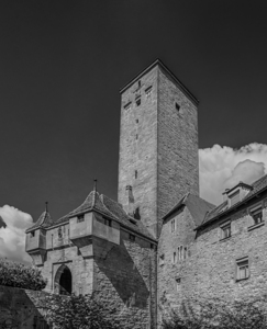 Castle Gate of Rothenburg ob der Tauber on Taubertal Wine Route in black and white - GERMANY