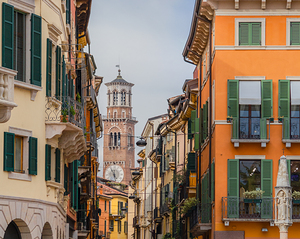Lamberti Tower in Verona - view with historical buildings - ITALY
