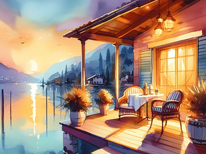 Sunset Serenity by the Lake – Warm Landscape Wall Art with Balcony View