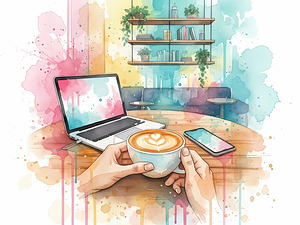 Watercolor Wall Art – Digital Moment of Serenity | Coffee Laptop & Cozy Cafe Scene