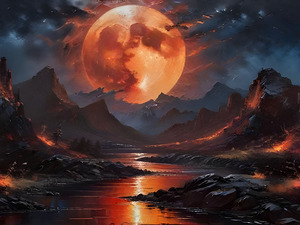 Giant Orange Harvest Moon Over Mountains – Dramatic Lunar Art Print